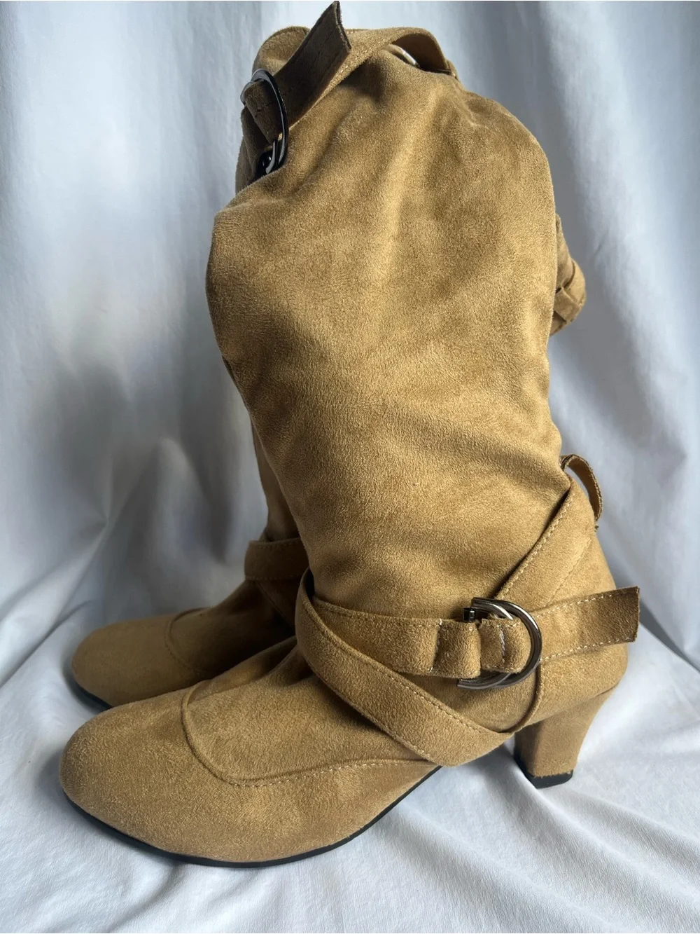 Women's Knee-High faux Suede Buckle Boots in Tan